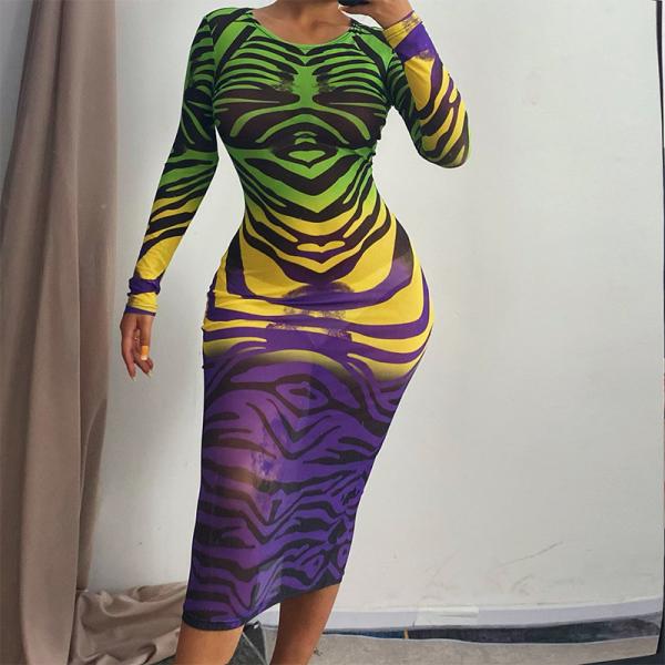 Round Neck Long Sleeve Sexy Women Dresses Polynesian Ethnic Floral