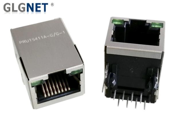 1 X 1 Brass Shielded RJ45 Connector Tab Up With LED 30u  AU Plating Interface