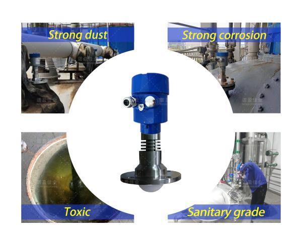 Antenna de material lente, 316L + PTFE (opcionalRango de medición 40 metros Líquido no contacto corrosivos fuertes 26GHz NYRD-TJ-A Radar Sensor de medición del nivel del agua Transmisor