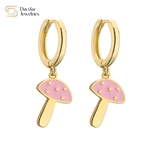 Cute Colorful Enamel Elephant Bear Mushroom Pendant Charm Hoop Earrings 18k