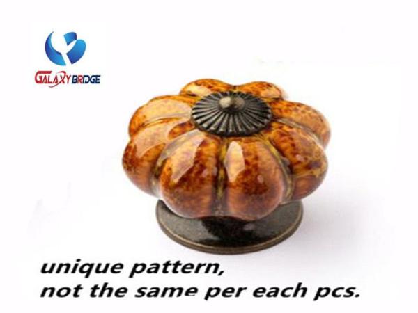Colorful Pumpken Shape Ceramic Cupboard Door Knobs Porcelain Antique Bronze Crack Marble Pattern Knobs