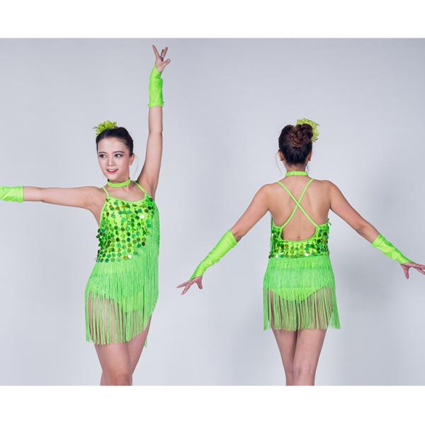 Handmade Beading Latin Dance Wear Diagonal Coin Sequin Fringe Dress Leotard Under