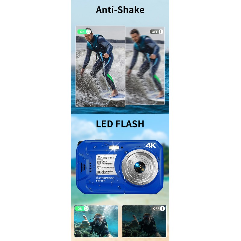 Retro Vintage HD 4K 64MP Waterproof Camera IP68 5M Waterproof Auto Focus 16X Digital Zoom Underwater Camera for Snorkeling