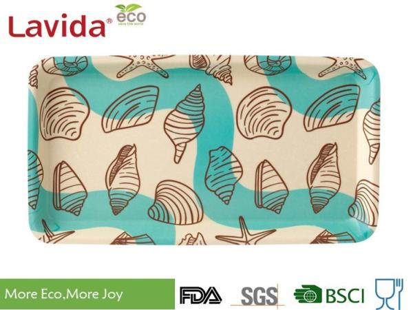 Heathy Food Grade Fresh Ocean sea shell Decal Printing Bamboo Fibre Tray Melamine Fruit Tray PP Fruit Plate BBQ Tray