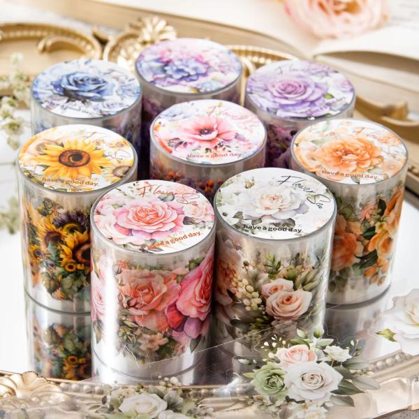2M/Roll Flower Series PET Adhesive Tape Encounters with Sea Plant Hand Ledger DIY Material Decorative Circular Sticker 8 Styles