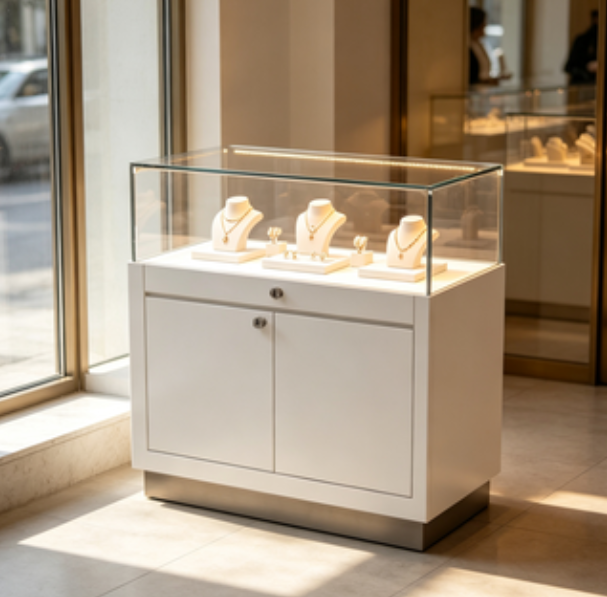 Minimalist White Jewelry Display Case with Storage Cabinet Glass Display Case Commercial Jewelry, Gold, and Jade Display Counter