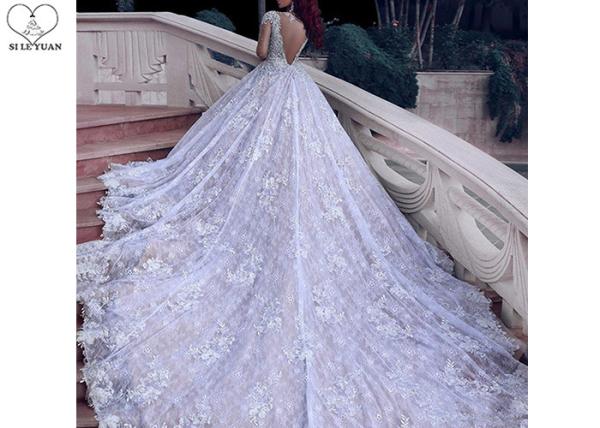 Backless Lace Long Tail Bridal Gown / Diamond Beads Silver Sequin Wedding Dress