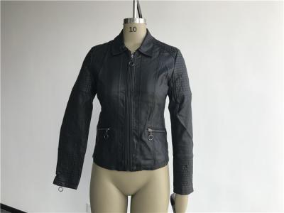 Black Ladies Faux Pleather Jacket Polished Gunmetal Zip With Quilting Tw75779