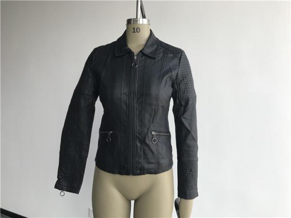 Black Ladies Faux Pleather Jacket Polished Gunmetal Zip With Quilting Tw75779