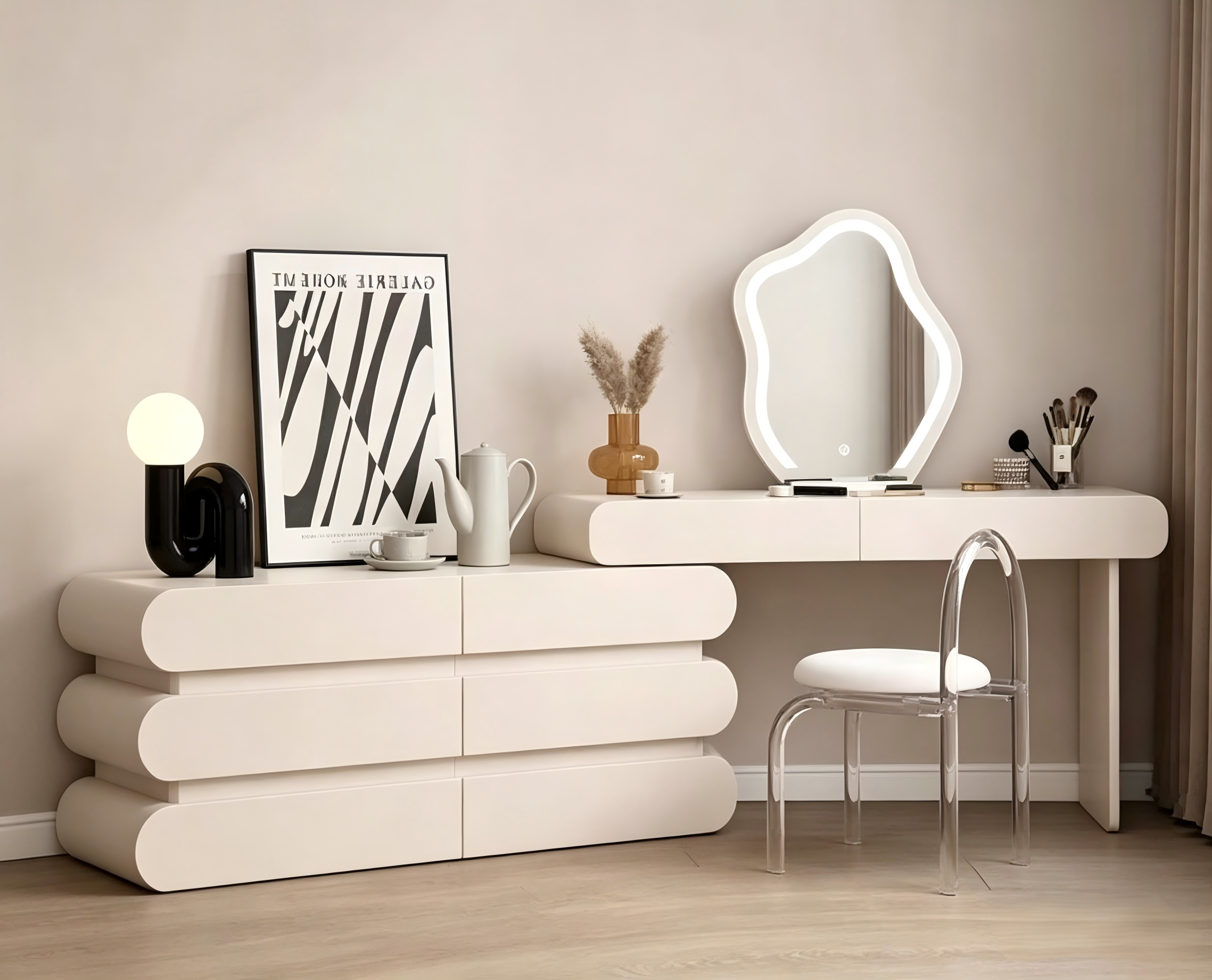 Cream Modern Extendable Makeup Vanity Desk Combo with LED Cloud Mirror