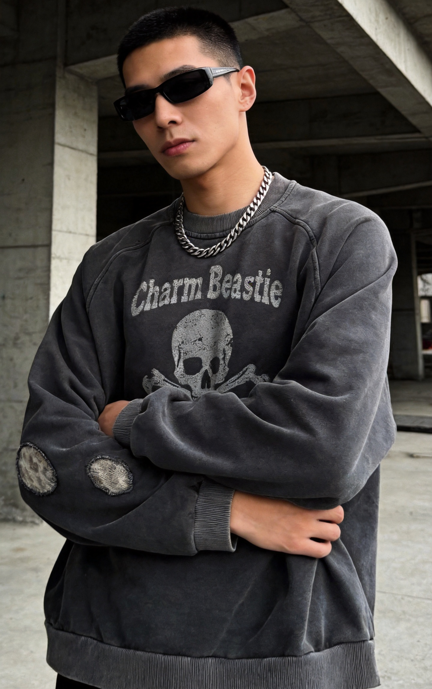 Skull Graphic Men's Heavyweight Hoodie Vintage Acid Wash Cropped Crewneck Sweatshirt