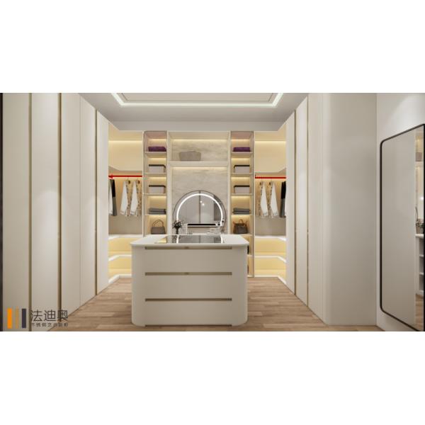 White Stainless Steel Walk-In Closet with Gold Accents & Vanity
