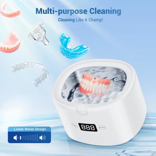 Limpeza ultra-sônica com luz UV LED para dentaduras, jóias, retenção, protetor bucal, cabeça de escova de dentes