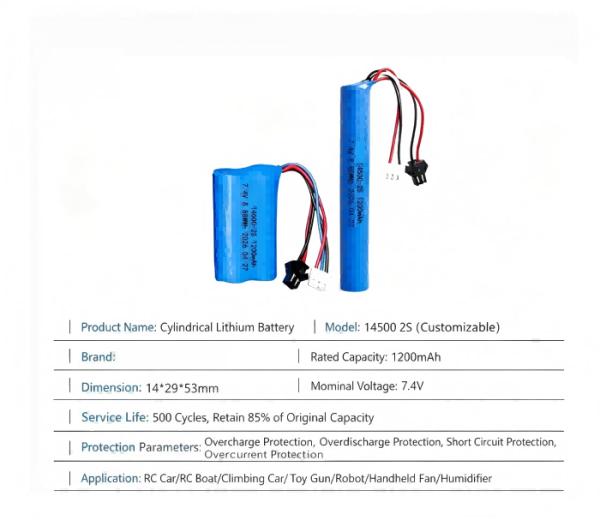 7.4V 1200mAh 14500 2S Lithium Ion Battery Pack With BMS For RC Toys Portable Devices