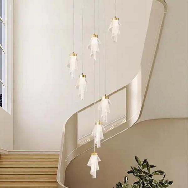Modern Living Room Villa Rotating Acrylic Stair Light LED Art Flower Acrylic Chandelier Custom Gold Luxury Hotel Stair Decorative Light
