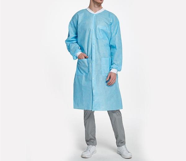 Lab Coat SMS Work Wear Pocket Uniform Scrub Knee Length Non Woven Disposable With Knit Collar And Cuffs
