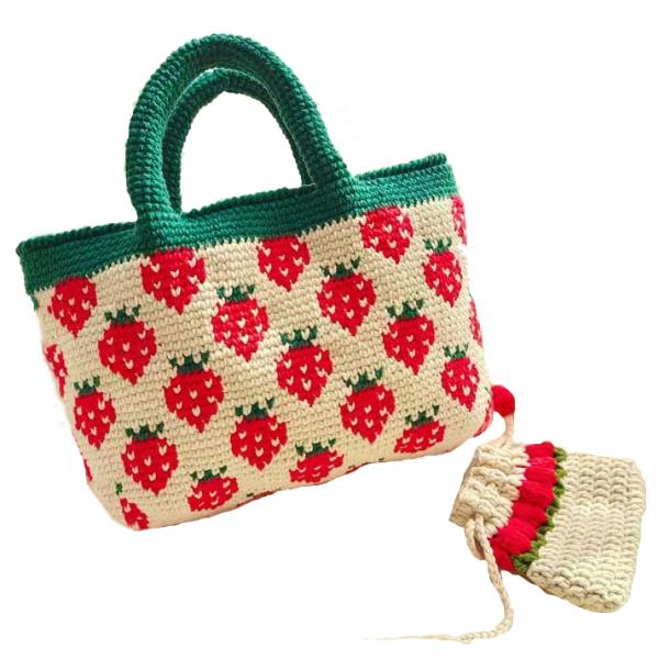 White Woven Cotton Bag , Strawberry Womens Crochet Handbags 32cm×25cm