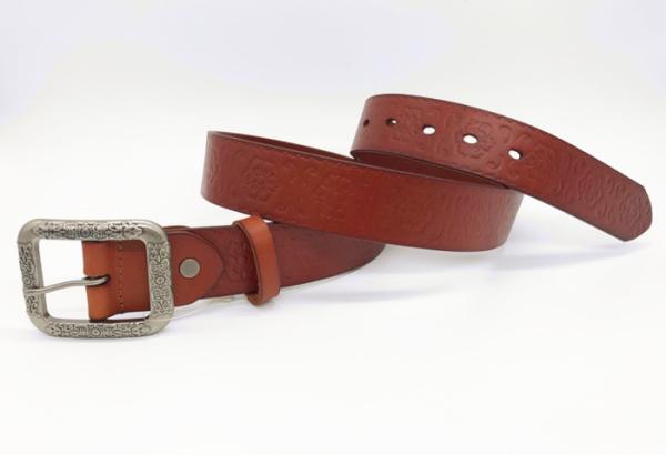 Flower Pattern Square Buckle Embossed Leather Belt Custom Design Red / Orange Color