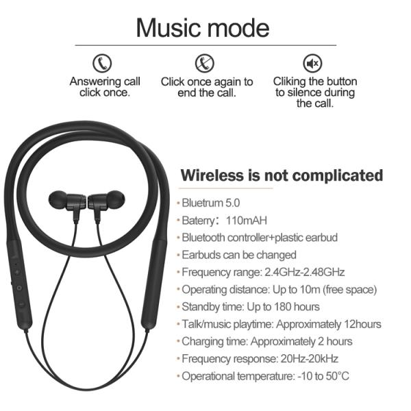 IPX4 Neckband Bluetooth Earphones Wireless In Ear Earbuds With Mic Black Color