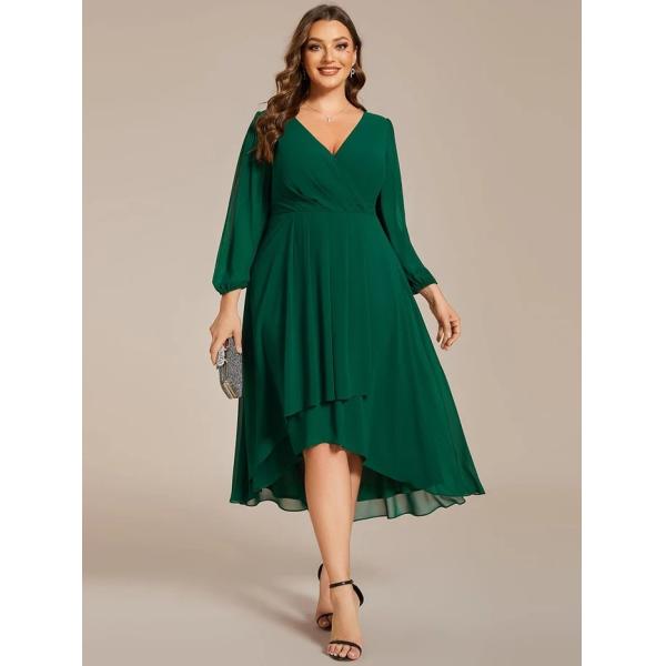 Elegant Empire Long Sleeve V-neck High Low A-line Ruffled Midi Dark Green Chiffon Wedding Guest Evening Dress