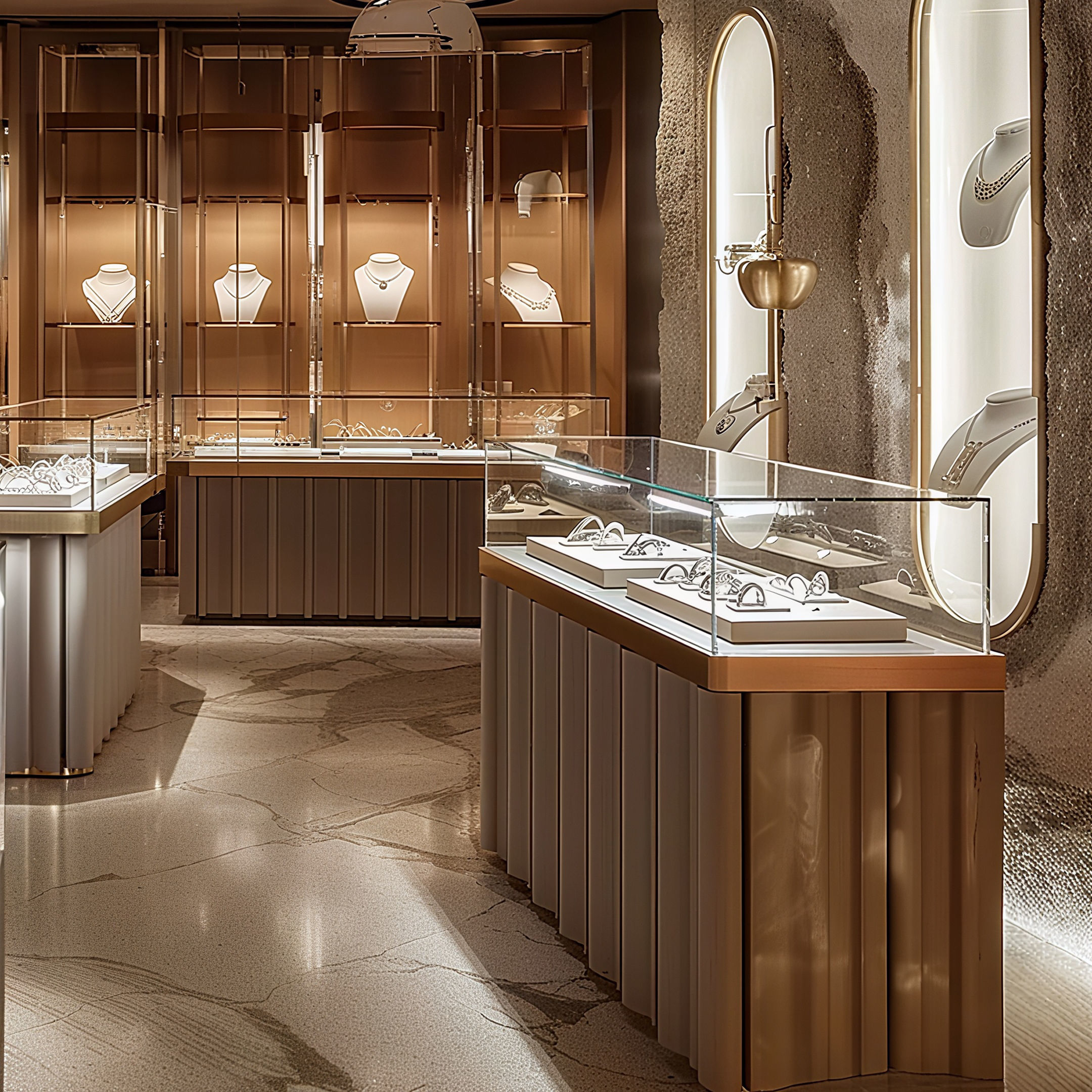 Elegant Tempered Glass Display Jewelry Showcase with Customizable Options and Professional 3D Shop Design