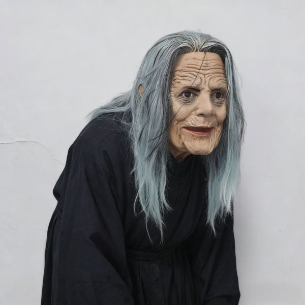 Scary Old Witch Mask with Long Pale Blue Hair, Wrinkled Latex Female Mask for Halloween Cosplay & Haunted House