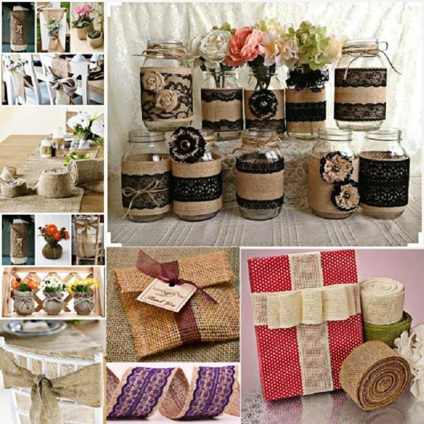 Штрих из натурального ютового ткани с проводной лентой и ленточным роллом для декорации