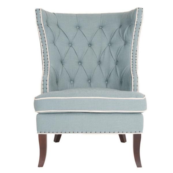 Occasional bedroom loung leisure chair tufted back oak wood chair linen fabric with armrest nails