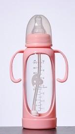 240ml high quality anti-slip clear glass baby feeding bottle with sleeve and handle,automa