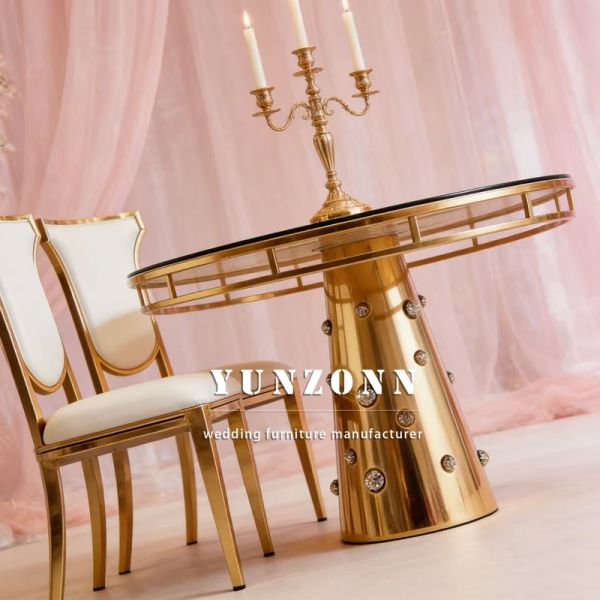 New Elegant Design Round Table Stainless Steel Base Wedding Table With Crystal for Wedding Hotel Furniture