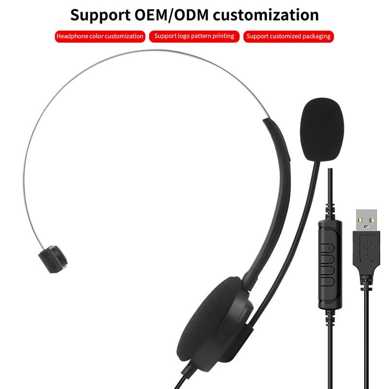 USB head mounted wired single ear headphones with high-definition call microphone, online control of mute volume, used for PC laptops, office customer service in the call center, supporting OEM/ODM