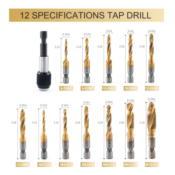 Industrial 13-Piece Drill Tap Combo Set | Titanium Coated High Speed Steel | One-Step Drilling & Tapping Kit with Quick Change Shank