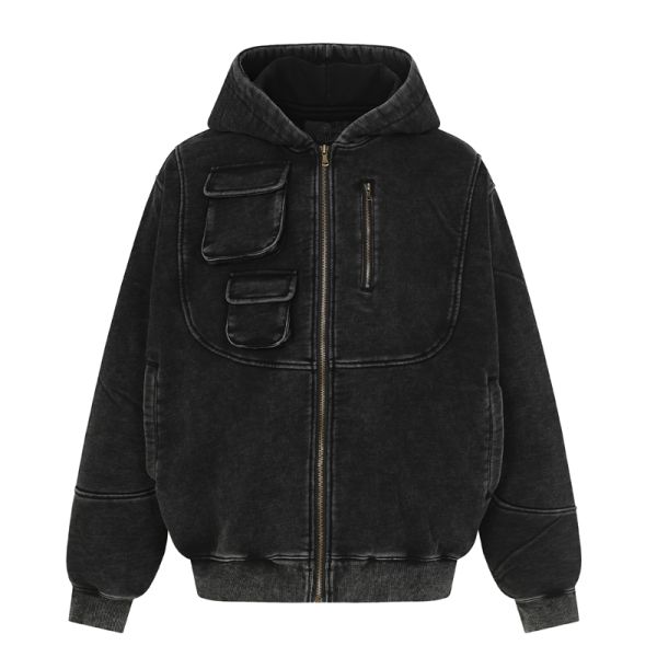 Winter Knitted Red/Burgundy/Black Vintage Washed Unisex Oversized Zipper-Up Hoodie with 3D Pattern Pocket-Windproof Breathable