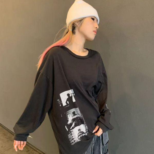 Wash Black Men's Women's Oversized Knitted Vintage Printed T-shirt 100% Cotton Long Sleeve Breathable Digital Print Retro Couple