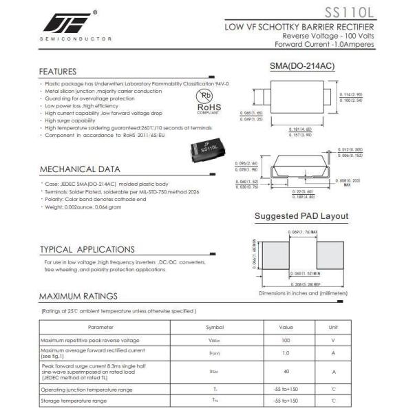 SS14L/SS16L/SS110L/SS115L/SS120L Low Vf Schottky Barrier Rectifier Diode in SMA Package