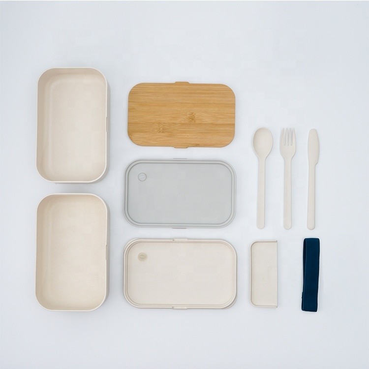 Double Layer Bamboo Fiber Lunch Box with Cutlery and Movable Divider Blue Pink