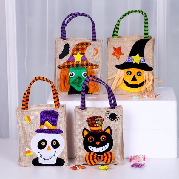 Open Closure Reusable Halloween Pumpkin Witch Skeleton Linen Bag for Candy Collection