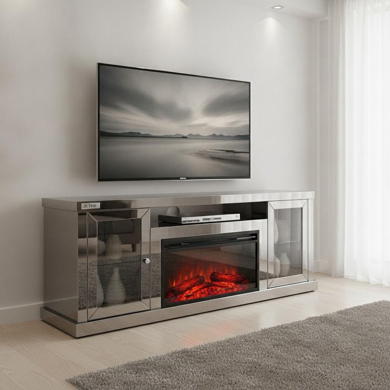 JS-TV05 Smoke Grey Mirrored Glass Electric Fireplace TV Stand with Large 3D LED Flame Display and Extended Mantle Structure