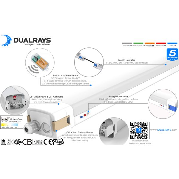 5ft/60W D5 LED Moisture-proof Light with DIP Switchable Power/3CCT 160LPW Efficiency
