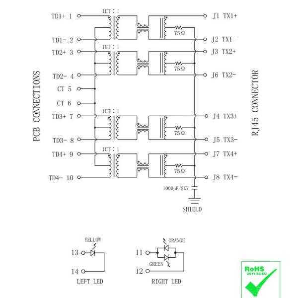 RT7-174AAK1A 100/1000 Base-T Single Port RJ45 Female Connector Tab Up Yellow/Green&Orange Led