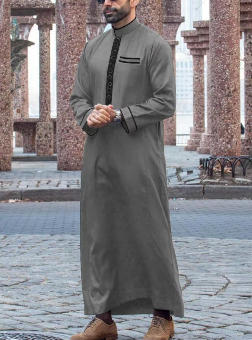 KM001 Middle Eastern Men's Embroidered Thobe / Jubba (Black With Gold Embroidery)