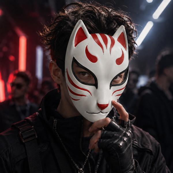 Premium Resin Kitsune Fox Mask - Authentic Japanese Anime Cosplay Half Face Mask for Men & Women. Traditional Kabuki Costume Accessory with Foam Padding & Adjustable Buckle Strap for Halloween Party