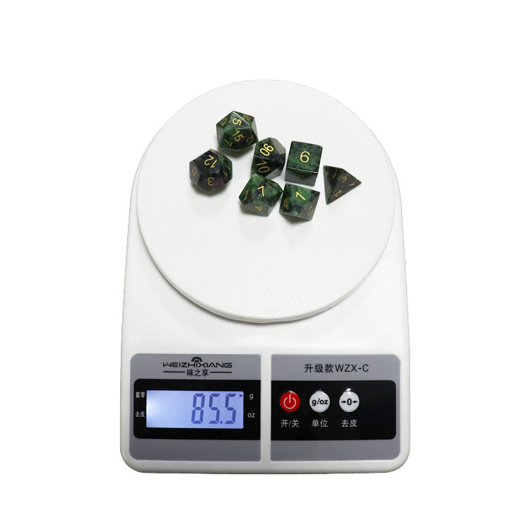 Natural Ruby Zoisite Gemstone Polyhedral Dice Set - Hand Carved DND Dice with Golden Paint Engraved Numbers