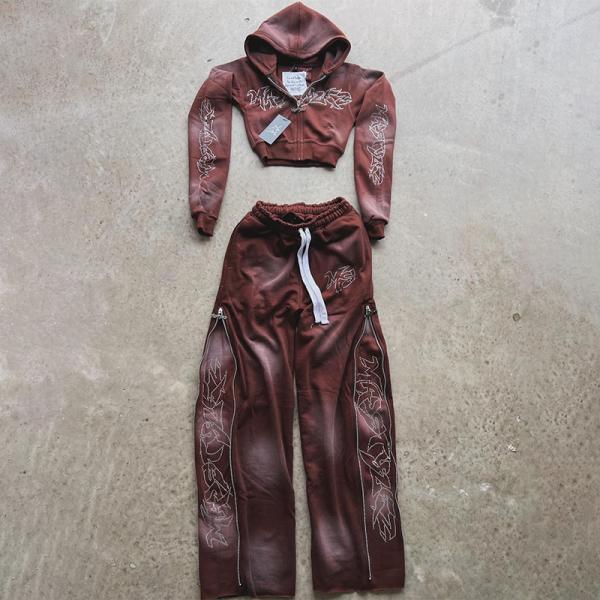 Custom Women Sweat Suit Screen Print Streetwear Hoodie And Sweatpants Set