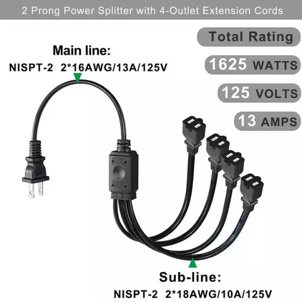 1-à-4 NEMA 1-15P Flat Plug Power Splitter - Économie d'espace 125V 15A Multi-Outlet Extension pour le logement ou le bureau