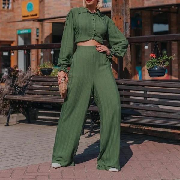                  Wholesale 2023 Spring Fashion Solid Color Single-Breasted Long-Sleeved Shirt High Waist Elastic Pants Women′s Casual Suit             