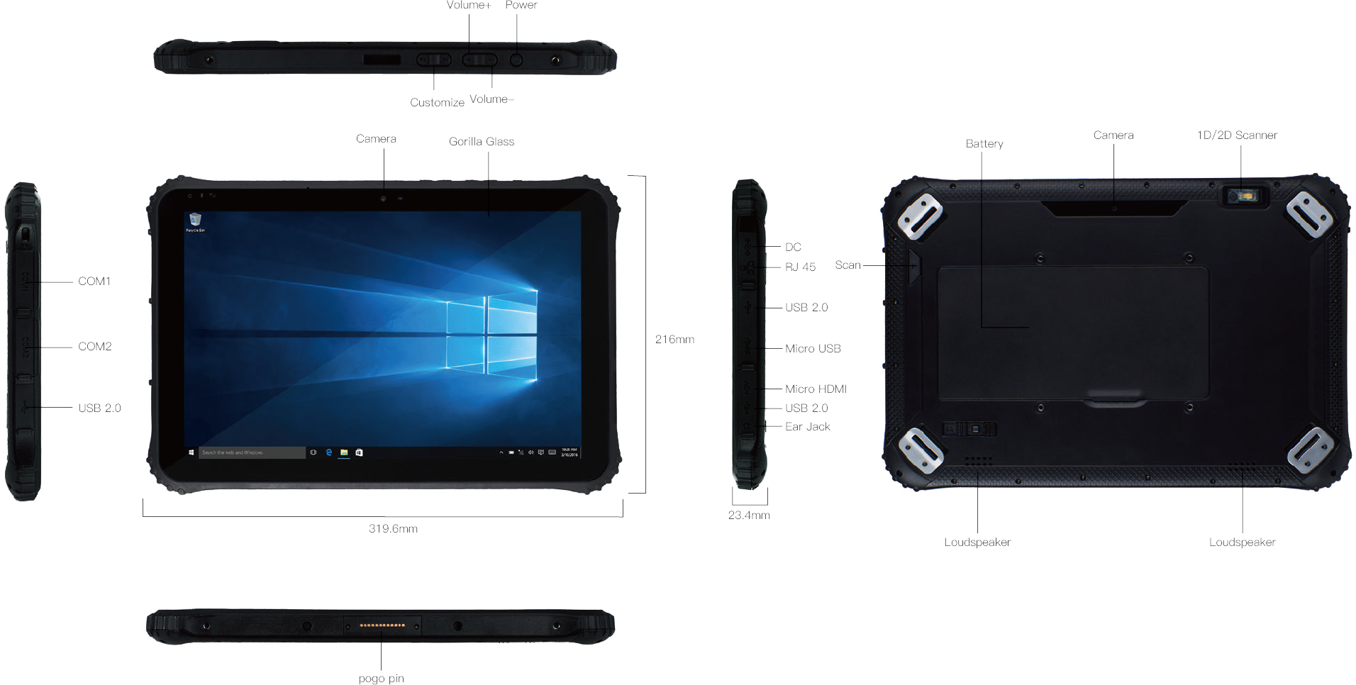 Планшет 12600mAh Z8350 128G Windows 10 промышленный изрезанный