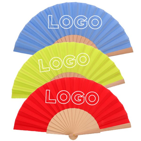Factory Hot Price 23cm Polyester Cotton Wooden Hand Fan Color Paper Hand Held Folding Fans for Promotion Artivity