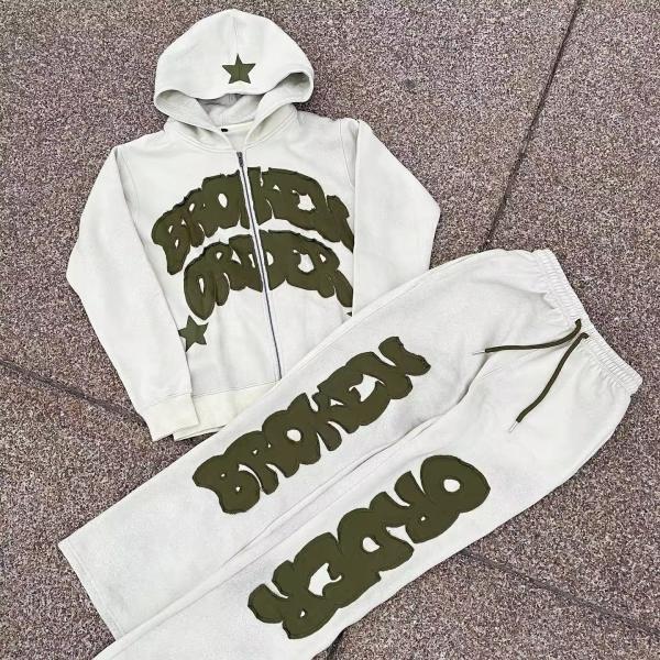 Custom Heavyweight Cotton Distressed Embroidery Patchwork Flared Sweatpants Regular Fit
