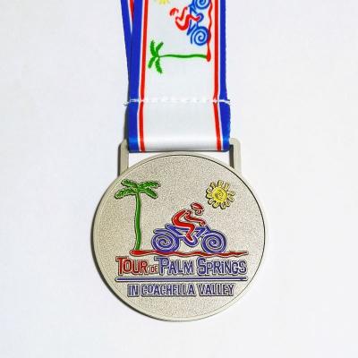 2.5 Inch Round Metal Sports Medal With Heat Transferred Ribbon Matte Nickel Finish